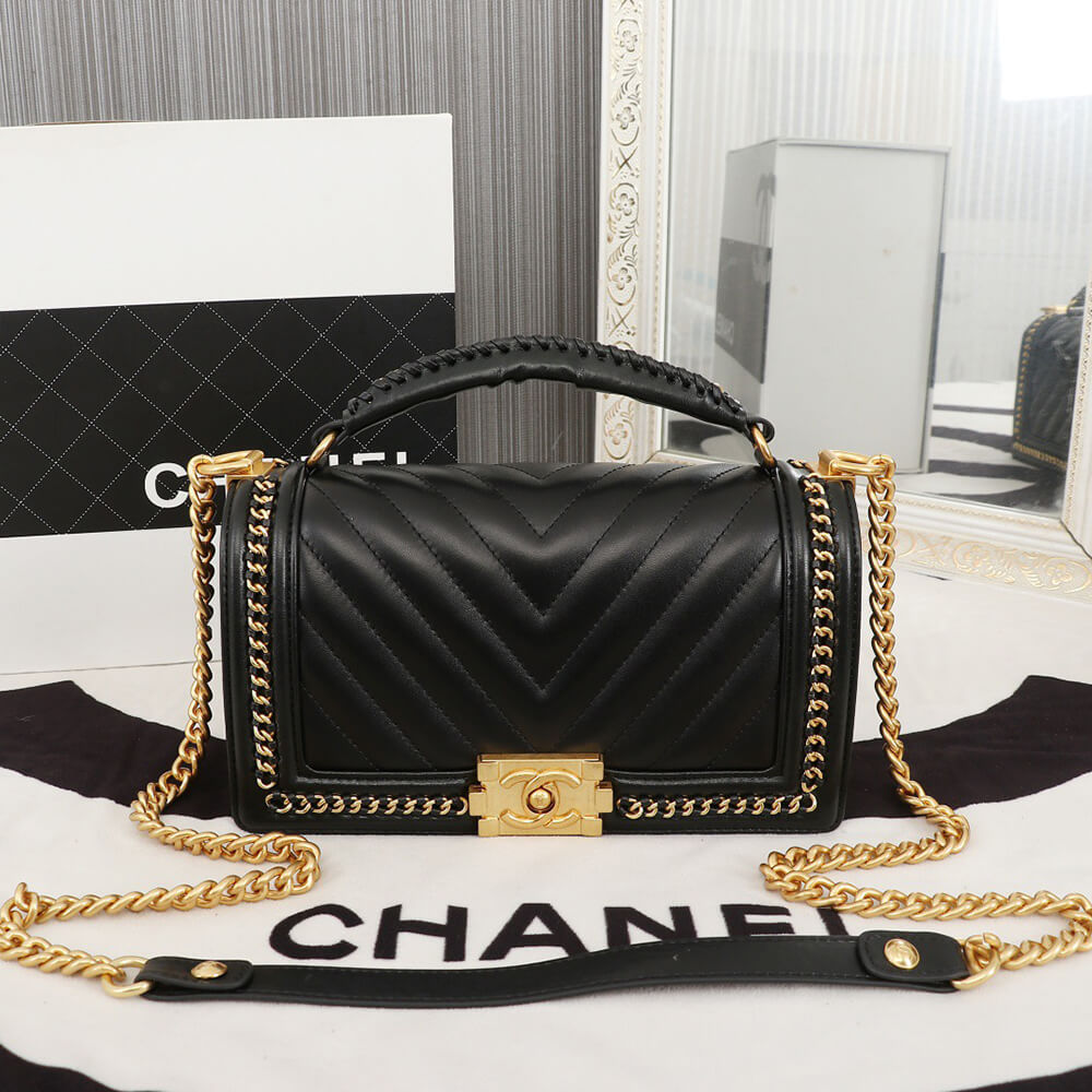 Ch*el top handle chevron boy handbag
